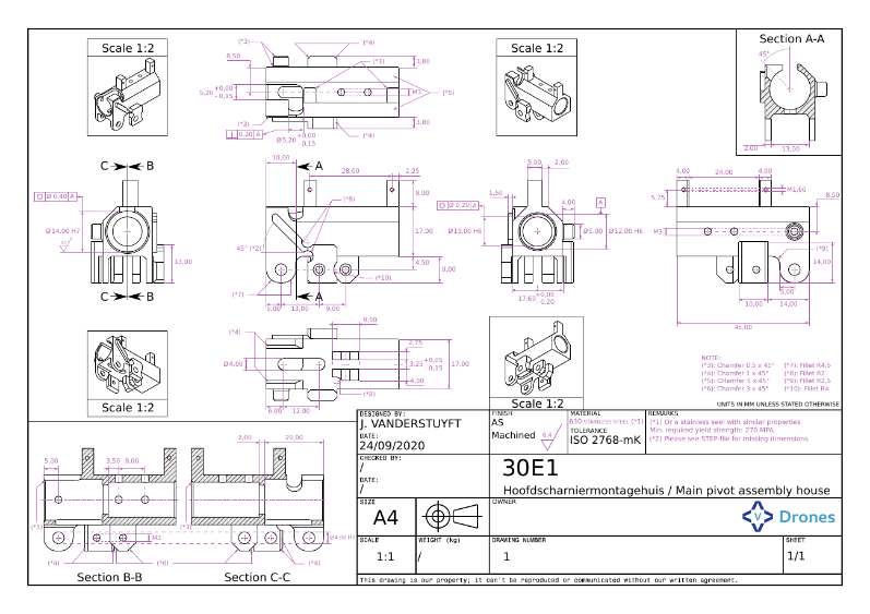 Techinical drawing of a complex part according to ISO2768, made by VVVVEngineering
