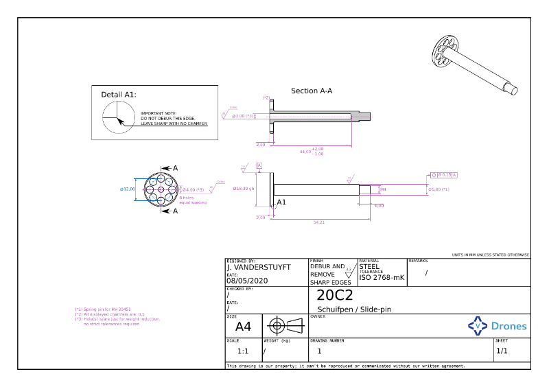 Techinical drawing of a simple part according to ISO2768, made by VVVVEngineering